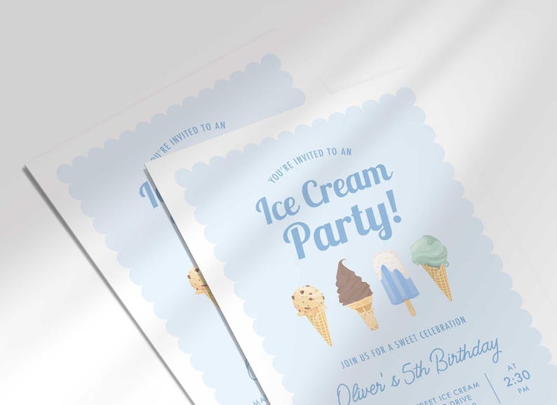 Close-up angled shot of two overlapping printed invitations, highlighting the ice cream cone illustrations and the bold "Ice Cream Party!" text detail.