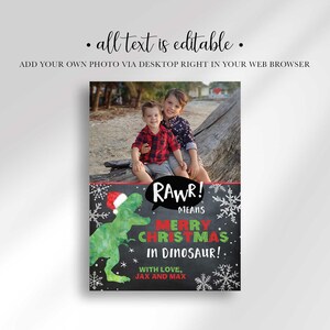 A Christmas card template featuring a photo of two boys on a beach with text stating all text is editable above it.