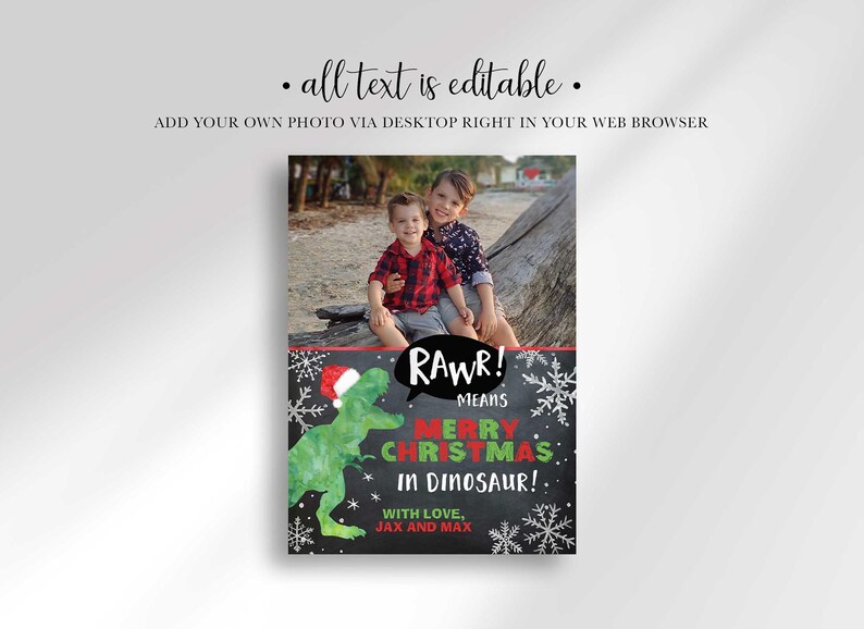 A Christmas card template featuring a photo of two boys on a beach with text stating all text is editable above it.