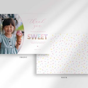 Front and back view of the card: the front shows the ice cream-themed photo thank you design, and the back shows a pastel confetti sprinkle pattern.