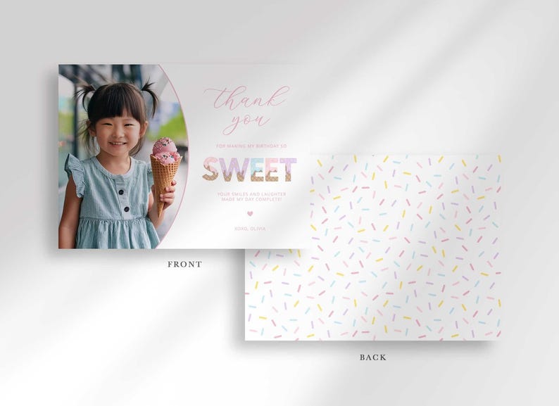 Front and back view of the card: the front shows the ice cream-themed photo thank you design, and the back shows a pastel confetti sprinkle pattern.