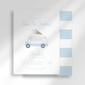 Blue and white striped ice cream truck themed birthday invitation with a watercolor ice cream truck and cone illustration, script text reading "I Scream, Four Ice Cream!" and party details for Charlie's 4th birthday, with a coordinating blue-and-white striped back visible behind it.