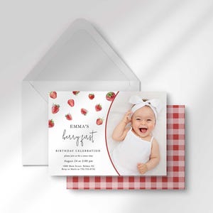strawberry first birthday invitation with photo