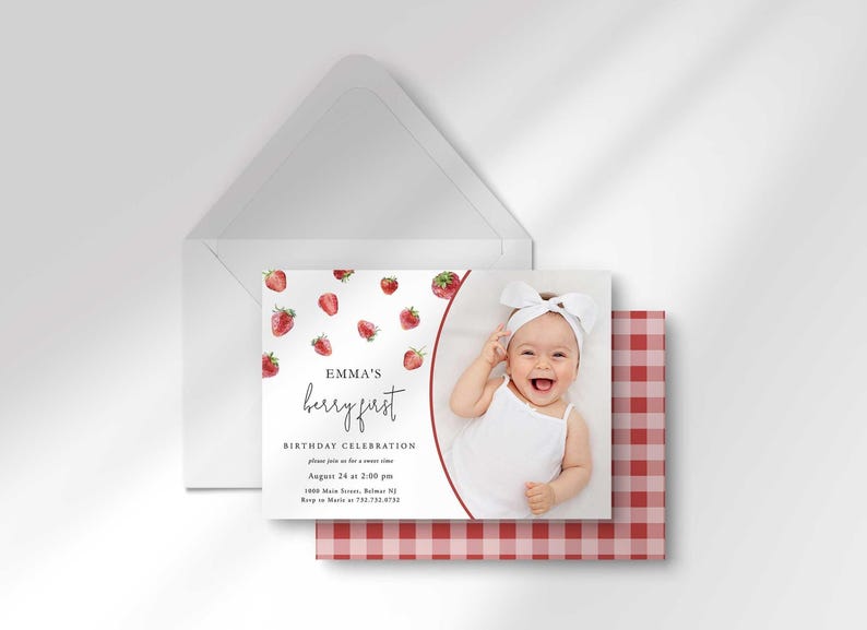 strawberry first birthday invitation with photo