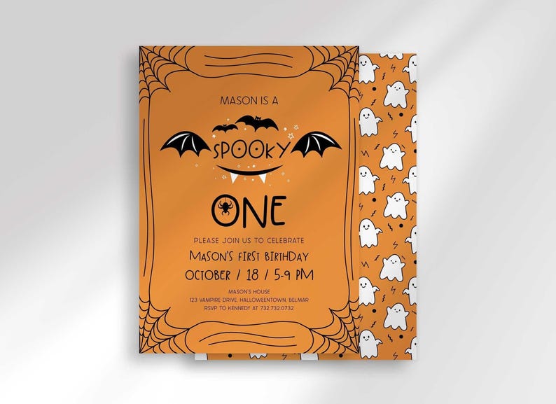 A Halloween-themed first birthday invitation on an orange background with a black spiderweb border and hand-drawn bat illustrations, reading 'Mason is a Spooky One, please join us to celebrate Mason's first birthday,' plus date, time, address, and RSVP details.