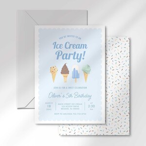 The invitation's front design shown angled and stacked in front of a matching pastel sprinkle-pattern back and a gray envelope.