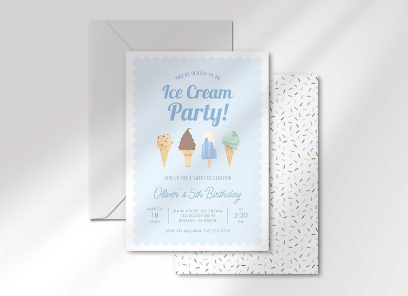 The invitation's front design shown angled and stacked in front of a matching pastel sprinkle-pattern back and a gray envelope.