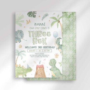 William's dinosaur-themed third birthday invitation with a second card showing a sage green geometric back design peeking out behind it.