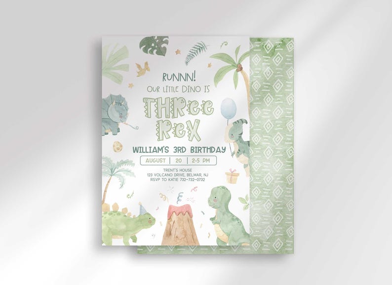 William's dinosaur-themed third birthday invitation with a second card showing a sage green geometric back design peeking out behind it.
