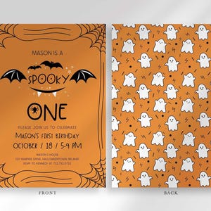 Front and back view of the invitation: the front shows Mason's Halloween-themed 'Spooky One' first birthday invitation, and the back shows an orange background with a white ghost pattern.