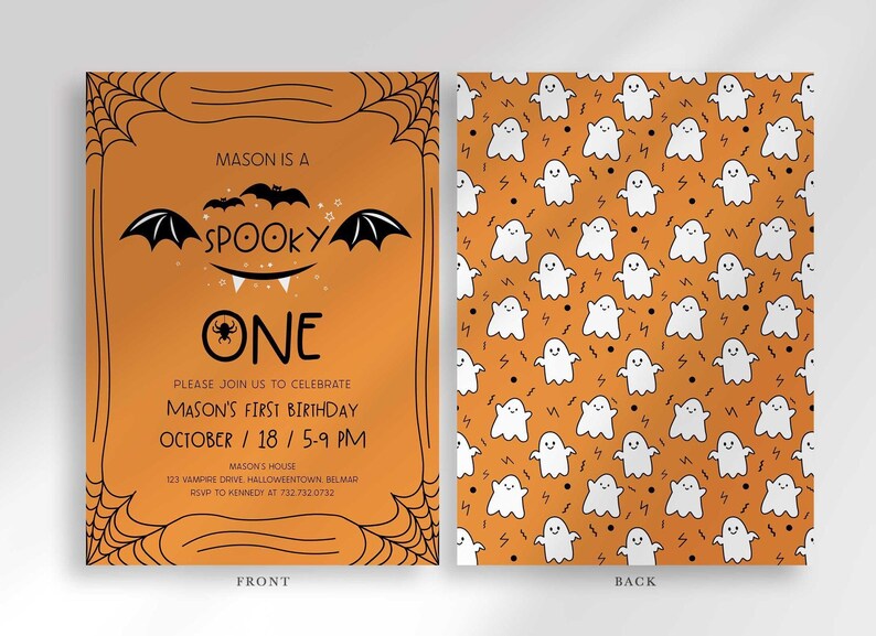 Front and back view of the invitation: the front shows Mason's Halloween-themed 'Spooky One' first birthday invitation, and the back shows an orange background with a white ghost pattern.