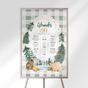 Framed Alexander is ONE milestone sign on an easel, showing the sage plaid woodland camping design styled for display.