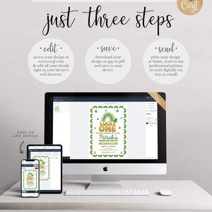 Just Three Steps Corjl explainer graphic: edit your design at Corjl.com and add your details right in your device's web browser, save your design as a JPG or PDF to your device, then print at home, send to any professional printer, or send digitally via text or email, shown with a desktop and mobile mockup of the Lucky One invitation open in the Corjl editor.