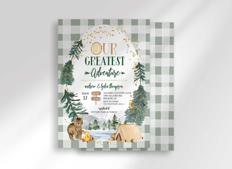 Andrew and Lydia's camping-themed baby shower invitation with a second card showing a sage green plaid back design peeking out behind it.