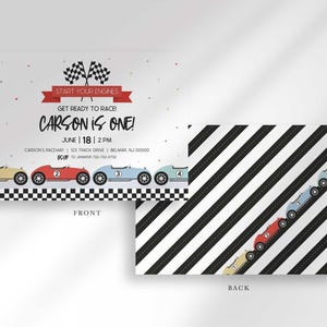 Labeled front and back layout: front shows the race car invitation, back shows a black and white racing-stripe pattern with a small car icon.