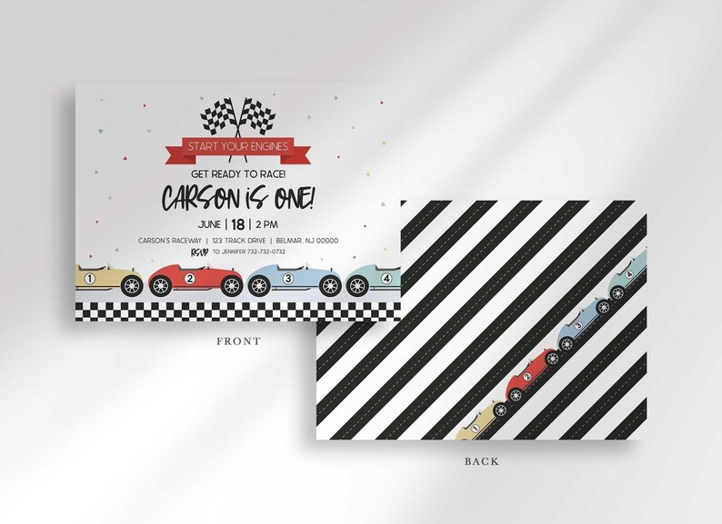 Labeled front and back layout: front shows the race car invitation, back shows a black and white racing-stripe pattern with a small car icon.