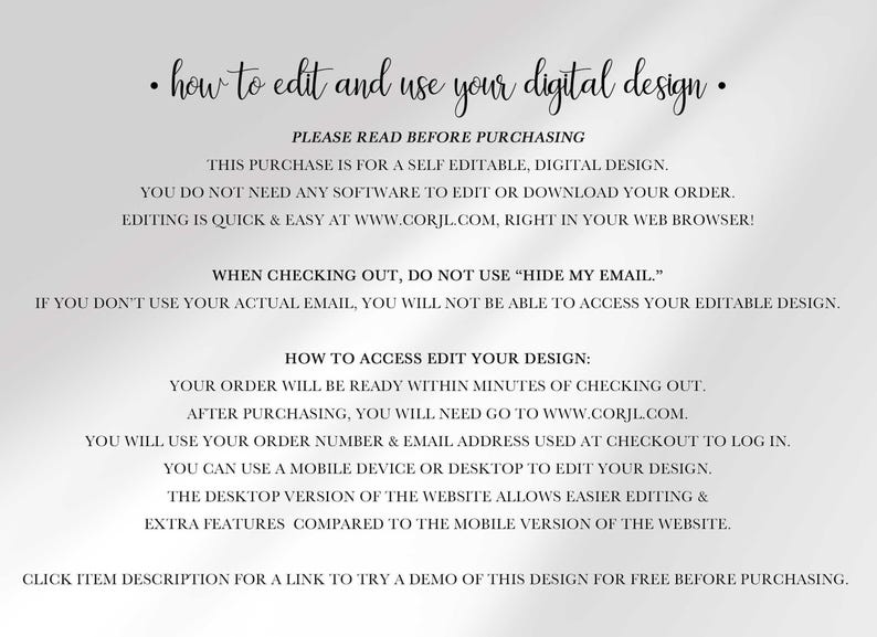 Text instructions for purchasing, accessing, and editing the digital design on a light background.