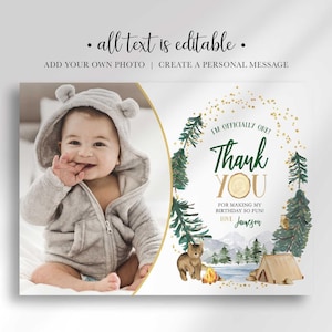 An explainer graphic reading "all text is editable, add your own photo, create a personal message" shown over Jameson's camping-themed thank you photo card.