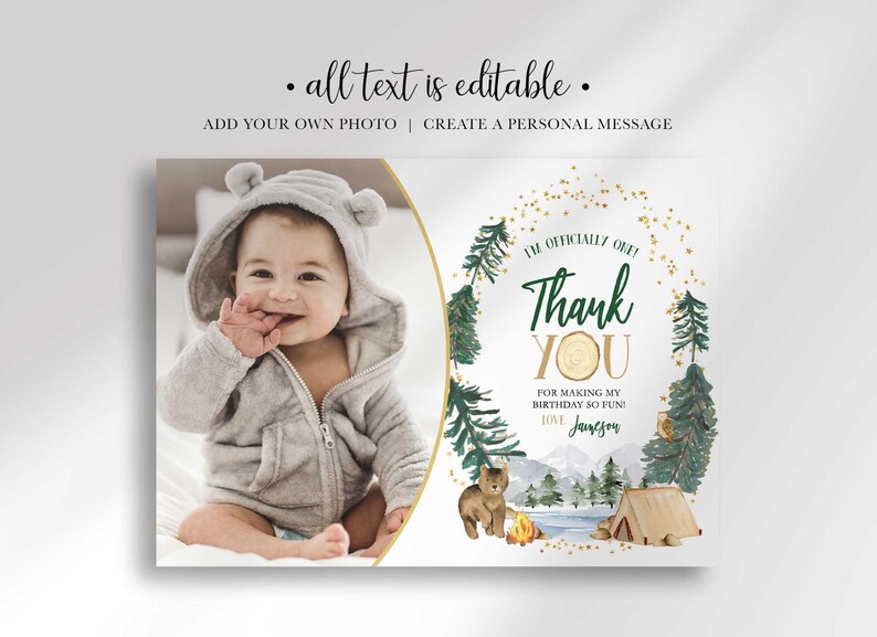 An explainer graphic reading "all text is editable, add your own photo, create a personal message" shown over Jameson's camping-themed thank you photo card.