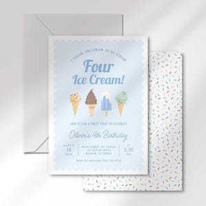 Printed Four Ice Cream fourth birthday invitation with matching envelope and sprinkle pattern backing card.