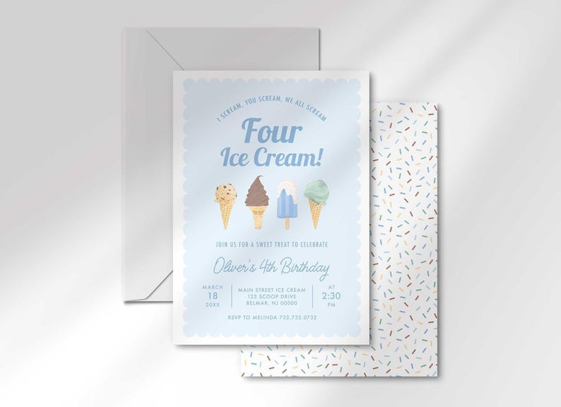 Printed Four Ice Cream fourth birthday invitation with matching envelope and sprinkle pattern backing card.