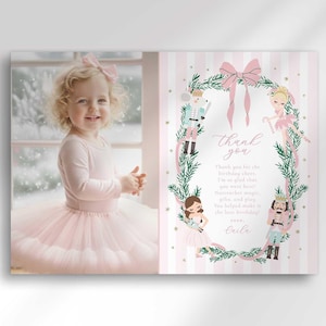 Pink Nutcracker Stripe Bow Holiday Birthday Photo Thank You Card Printable (Digital Download)
