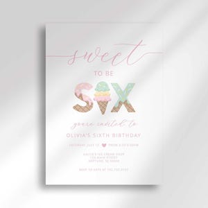 Flat, straight-on view of the pink "Sweet to be SIX" ice cream shop birthday invitation with script text, ice cream cone number-six graphic, and party details for Olivia's sixth birthday against a plain white background.