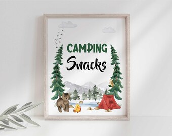 Camping Snacks 8 x 10 feestbord verjaardag welkomstposter bewerkbaar afdrukbaar decor (digitale download)
