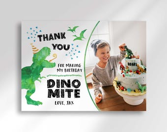 Bewerkbare dinosaurusfoto bedankkaartsjabloon verjaardagsfeestje afdrukbaar, Jurassic Decor (digitale download)