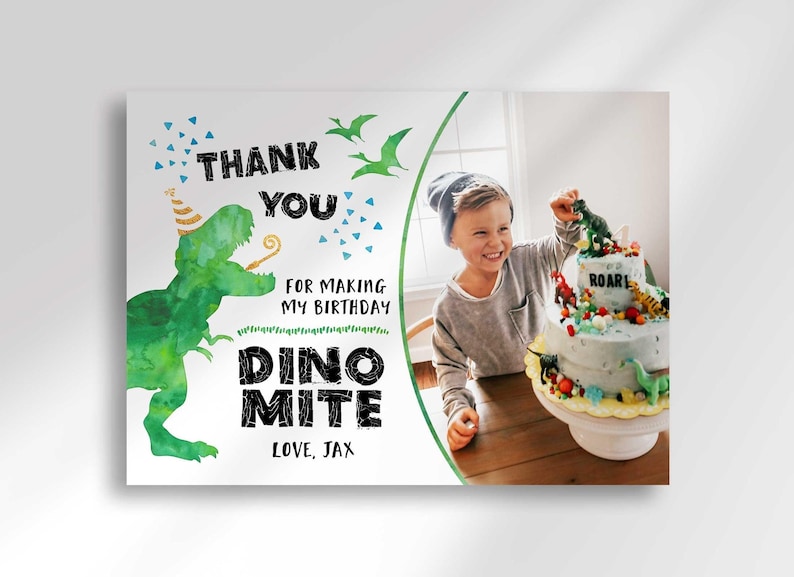 Primary listing photo of a Dino Mite dinosaur-themed birthday Thank You card with a photo insert of a boy decorating a dinosaur birthday cake, watercolor green T-Rex illustration and confetti, personalized text reading Thank You For Making My Birthday Dino Mite, Love Jax.