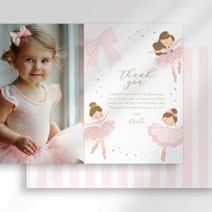 May include: A pink and white invitation card with a photo of a young girl in a pink tutu. The card features illustrations of ballerinas and the text "Thank you". The card has a striped pattern.