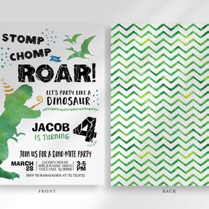 Front and back view of the invitation: the front shows Jacob's dinosaur-themed birthday invitation, and the back shows a green chevron pattern.