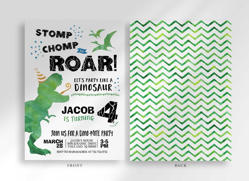 Front and back view of the invitation: the front shows Jacob's dinosaur-themed birthday invitation, and the back shows a green chevron pattern.