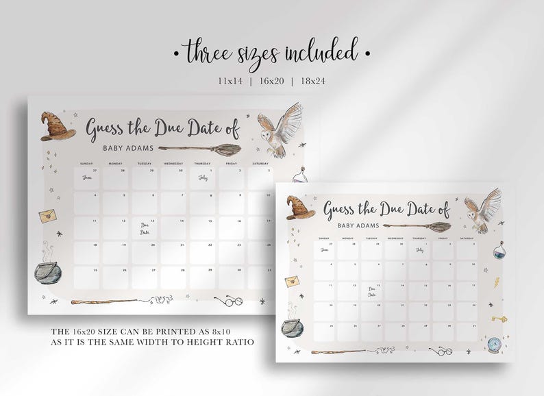 Graphic showing two sizes of the Harry Potter guess the due date calendar overlapping, with text reading three sizes included, 11x14, 16x20, 18x24, and a note that the 16x20 size can be printed as 8x10.