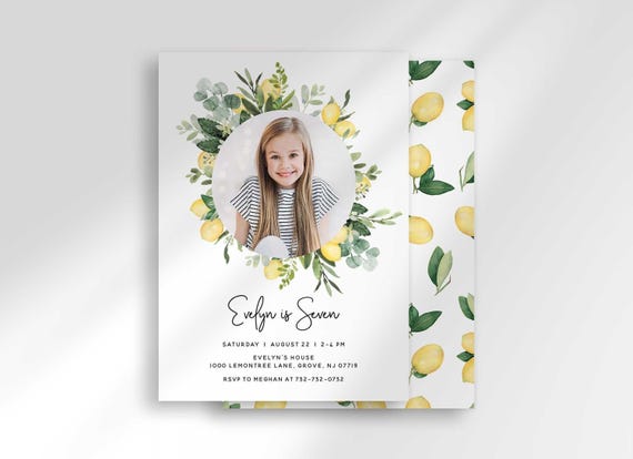 Lemon Birthday Photo Invitation Modern Watercolor Design Citrus Party Template (Digital Download)