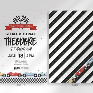 Labeled front and back layout: front shows the race car invitation, back shows a black and white racing-stripe pattern with a small car icon.