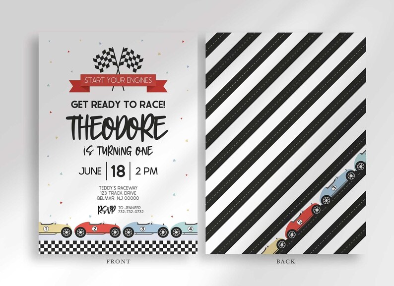 Labeled front and back layout: front shows the race car invitation, back shows a black and white racing-stripe pattern with a small car icon.