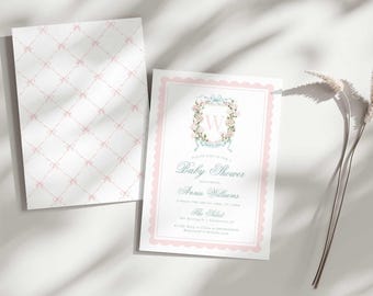 Pink Magnolia Baby Shower Invitation, Preppy Floral Crest Monogram