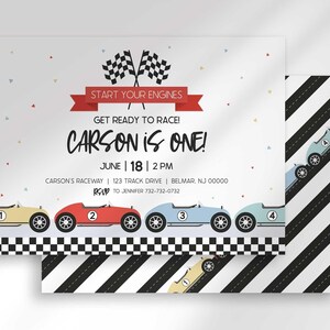 Invitation card angled in front of the matching black and white diagonal racing-stripe back.