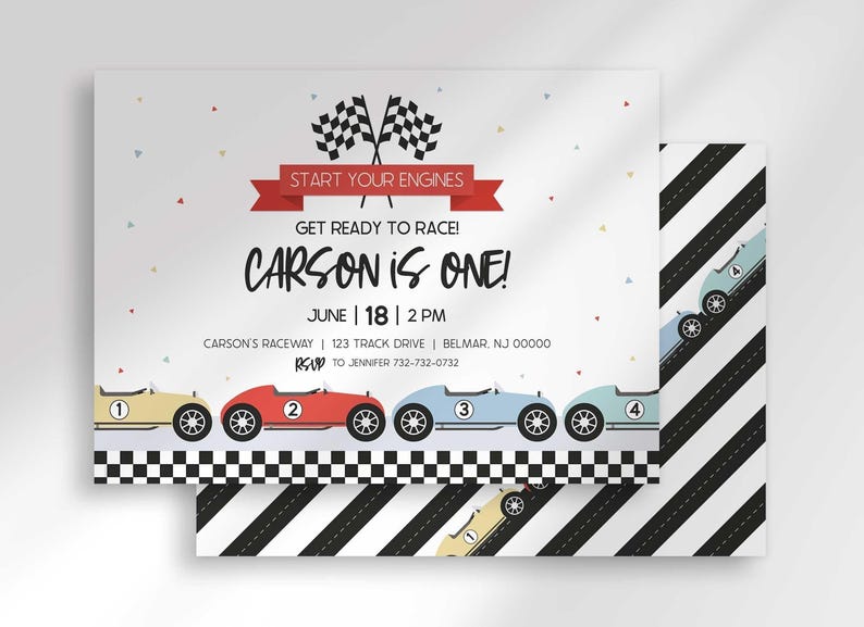 Invitation card angled in front of the matching black and white diagonal racing-stripe back.