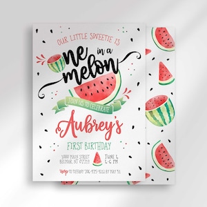 Eine in einer Melone ersten Geburtstagseinladung Vorlage, Wassermelone 1. Geburtstagseinladung, rote Wassermelone Einladung, Mädchen 1. Geburtstag einladen