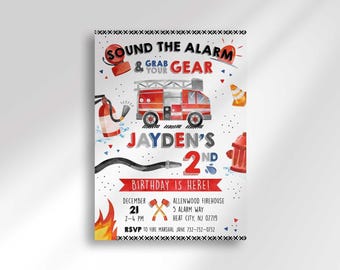Firetruck Birthday Invitation, Sound the Alarm, Fireman, Firewoman, Firehouse Invite, Truck