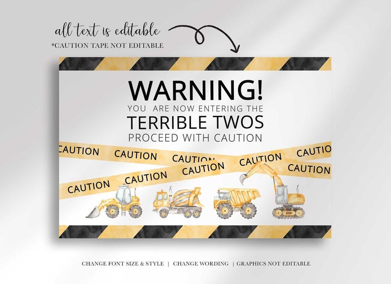 Infographic noting all text on the Terrible Twos welcome sign is editable, including font size, style, and wording, while the caution tape and graphics are not editable.