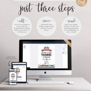Graphic explaining the three steps to use the Corjl template: edit online, save as JPG or PDF, and send or print, shown alongside a computer and phone mockup of the design.
