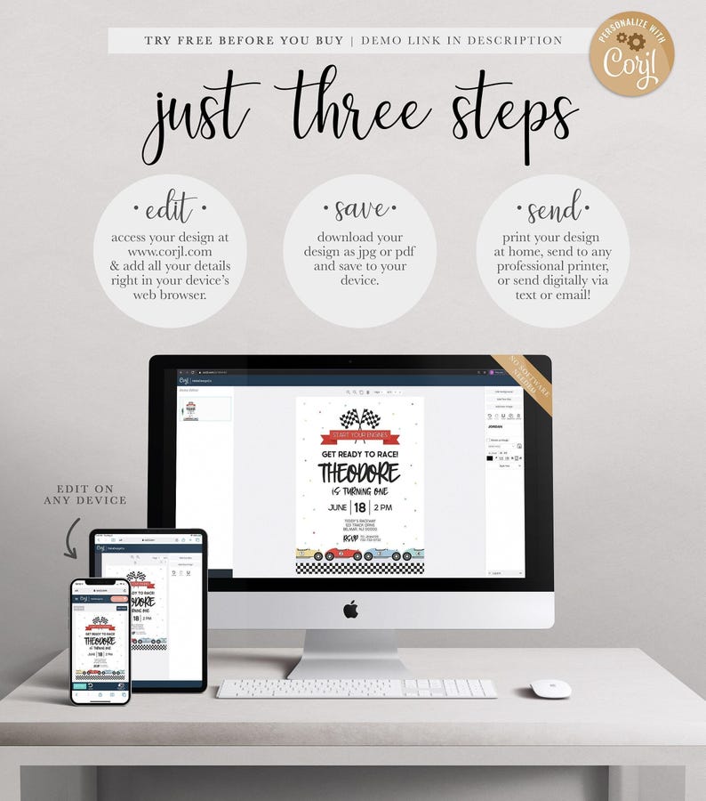 Graphic explaining the three steps to use the Corjl template: edit online, save as JPG or PDF, and send or print, shown alongside a computer and phone mockup of the design.