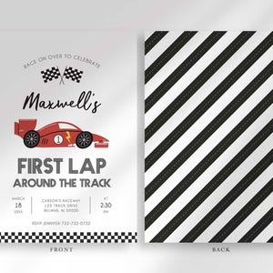 Front and back view of the invitation: the front shows the race car party details, and the back shows a black and white diagonal road-stripe pattern.