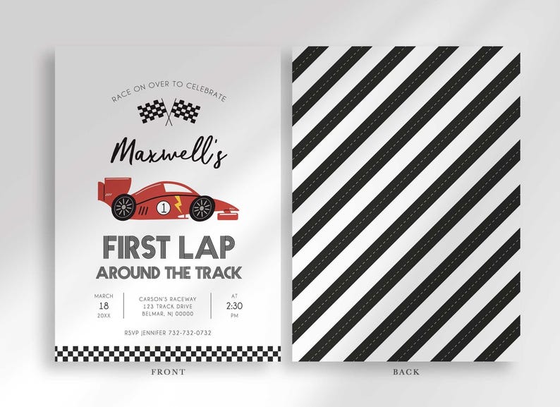 Front and back view of the invitation: the front shows the race car party details, and the back shows a black and white diagonal road-stripe pattern.