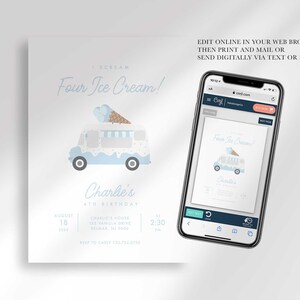 Phone mockup showing the ice cream truck invitation open in the Corjl editor, next to the printed design, with text reading "Edit online in your web browser, then print and mail or send digitally via text or email!"