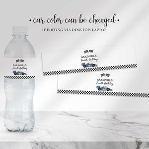 An explainer graphic reading "car color can be changed if editing via desktop/laptop" showing a printed water bottle label and two water bottle wrap labels reading "Maxwell's Fourth Birthday" with a blue race car and checkered flags.