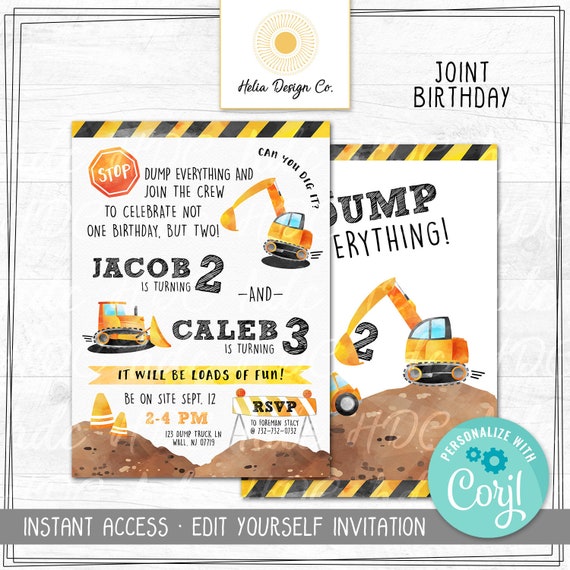 Edit Yourself Joint Construction Birthday Invitation | Truck Invitation | Digital Download | Printable Invitation | Two Names and Ages Il_570xn